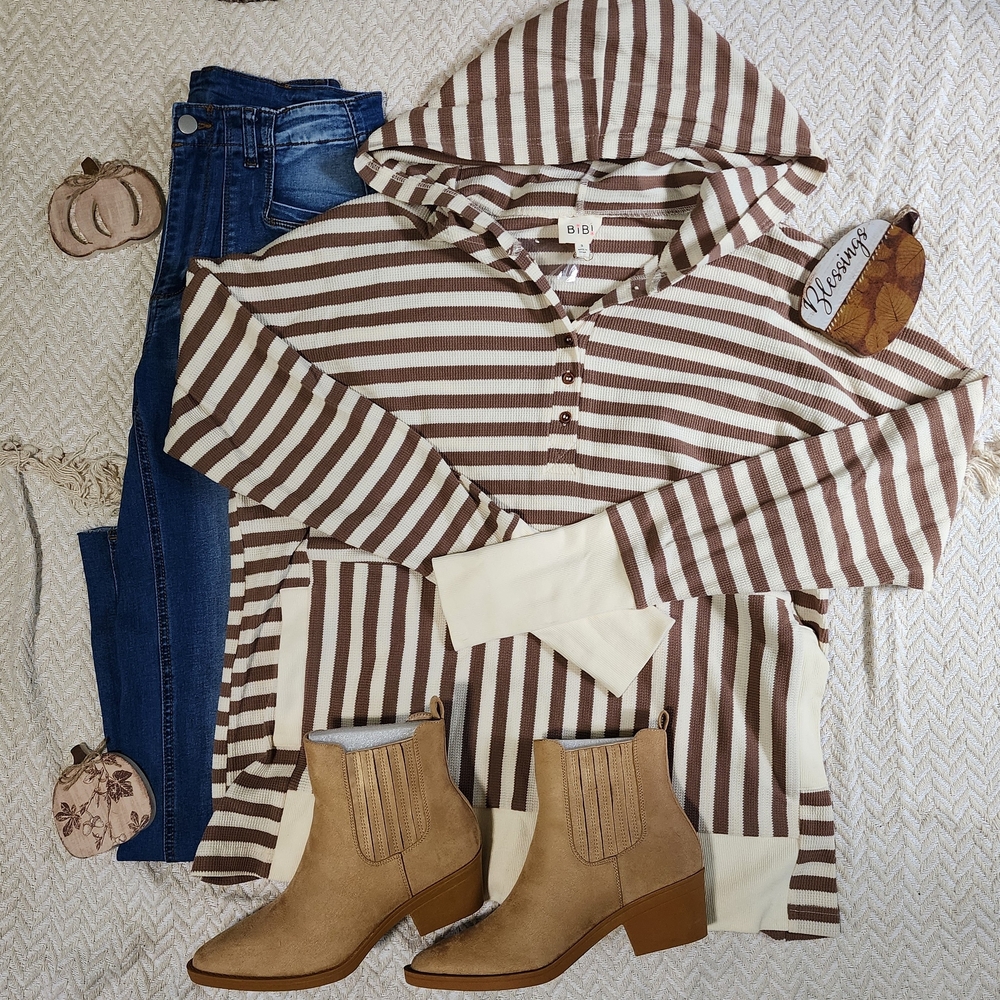 BiBi Brown Color Block Ribbed Stripe French Terry Western Pocket Hoodie Jacket